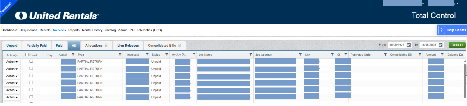 Payment History panel in Total Control dashboard